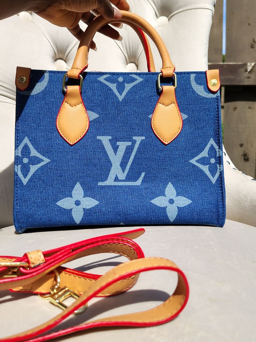 Blue Denim Monogram Satchel with Tan Handles and Red-Trim Strap